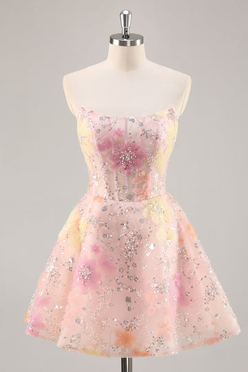 Sparkly Pink Floral Corset Mini Cocktail Dress with Sequins